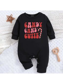 KNITROOT - Christmas Theme Full Sleeves Candy Cane Cutie Text Printed Black Jumpsuit