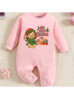 KNITROOT - Christmas Theme Full Sleeves My First Christmas Text Printed Pink Jumpsuit