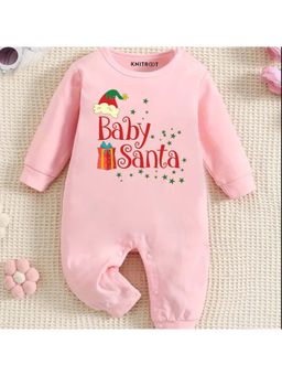 KNITROOT - Christmas Theme Full Sleeves Baby Santa Text Printed Pink Jumpsuit