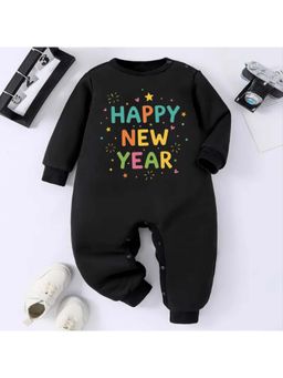 KNITROOT - New Year Theme Full Sleeves Happy New Year Text Printed Black Jumpsuit
