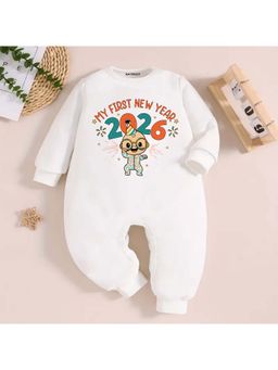 KNITROOT - New Year Theme Full Sleeves My First New Year 2026 Text Printed White Jumpsuit