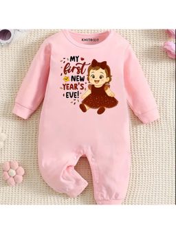 KNITROOT - New Year Theme Full Sleeves My First New Year's Eve Text Printed Pink Jumpsuit
