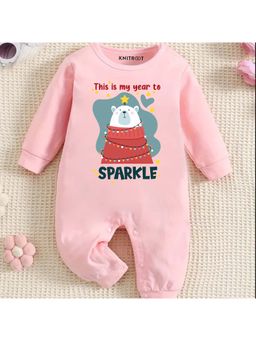 KNITROOT - New Year Theme Full Sleeves This Is My Year To Sparkle Text Printed Pink Jumpsuit