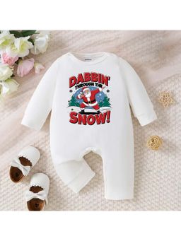 KNITROOT - Christmas Theme Full Sleeves Dabbin' Through The Snow Text Printed White Jumpsuit