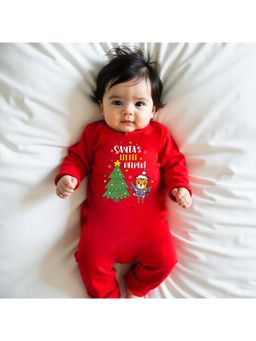 KNITROOT - Christmas Theme Full Sleeves Santa's Little Helper Text Printed Red Jumpsuit