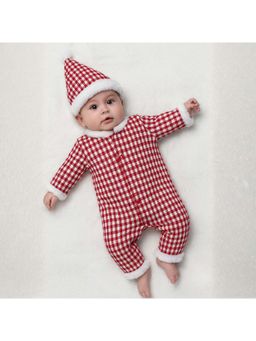KNITROOT - Christmas Theme Full Sleeves Checkered Printed Red and White Jumpsuit With Cap