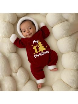 KNITROOT - Christmas Theme Full Sleeves Printed My 1st Christmas Hooded Red Jumpsuit