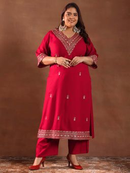 Extra love by Libas - Red Embroidered Rayon Straight Kurta Sets for Women