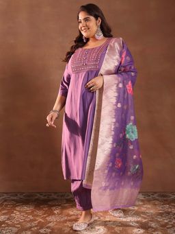 Extra love by Libas - Plus Size Women Purple Yoke Design Silk Blend Straight Kurta Sets for Women