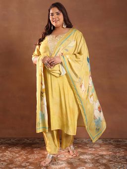 Extra love by Libas - Yellow Yoke Design Silk Blend Straight Kurta Sets for Women