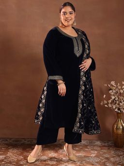 Extra love by Libas - Blue Yoke Design Velvet Straight Kurta Sets for Women