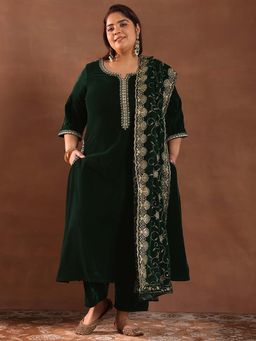 Extra love by Libas - Green Yoke Design Velvet Straight Kurta Sets for Women