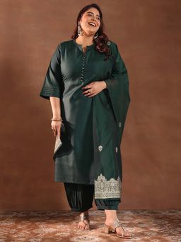 Extra love by Libas - Green Solid Cotton Blend Straight Kurta Sets for Women