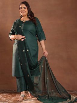 Extra love by Libas - Green Solid Cotton Blend Straight Kurta Sets for Women