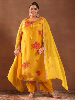 Extra love by Libas - Mustard Printed Silk Blend Straight Kurta Sets for Women