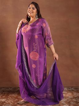 Extra love by Libas - Purple Printed Silk Blend Straight Kurta Sets for Women