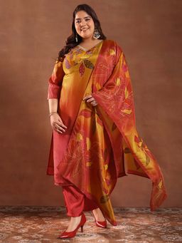 Extra love by Libas - Orange Printed Silk Blend Straight Kurta Sets for Women