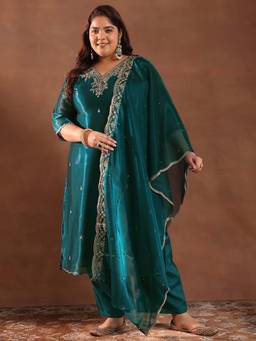 Extra love by Libas - Plus Size Women Teal Yoke Design Tissue Straight Kurta Sets for Women