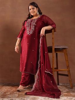 Extra love by Libas - Maroon Yoke Design Tissue Straight Kurta Sets for Women