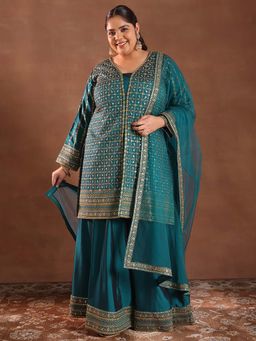 Extra love by Libas - Teal Embroidered Silk Blend Straight Kurta Sets for Women