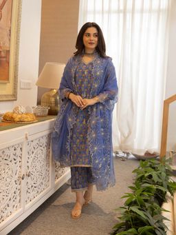 ASRUMO - Blue Floral Print Kurta with Pant and Embroidered Dupatta (Set of 3)