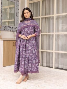 ASRUMO - Purple Floral Print Cotton Anarkali Kurta with Pant and Dupatta (Set of 3)