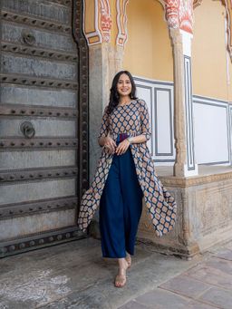 GAYRAA - Navy Blue Cotton Flared Printed Kurta and Palazzo (Set of 2)