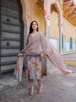 GAYRAA - Grey Cotton Floral Printed Angarkha Kurta with Pant and Dupatta (Set of 3)