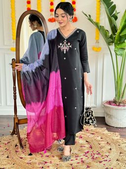 BLACK SCISSOR - Black Viscose Chanderi Kurta with Pant and Dupatta (Set of 3)
