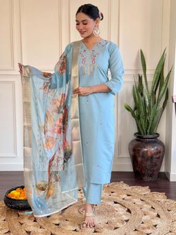 BLACK SCISSOR - Sky Blue Viscose Chanderi Kurta with Pant and Dupatta (Set of 3)