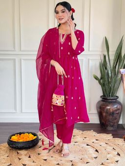 BLACK SCISSOR - Pink Vichitra Silk Anarkali Kurta with Pant and Dupatta (Set of 3)
