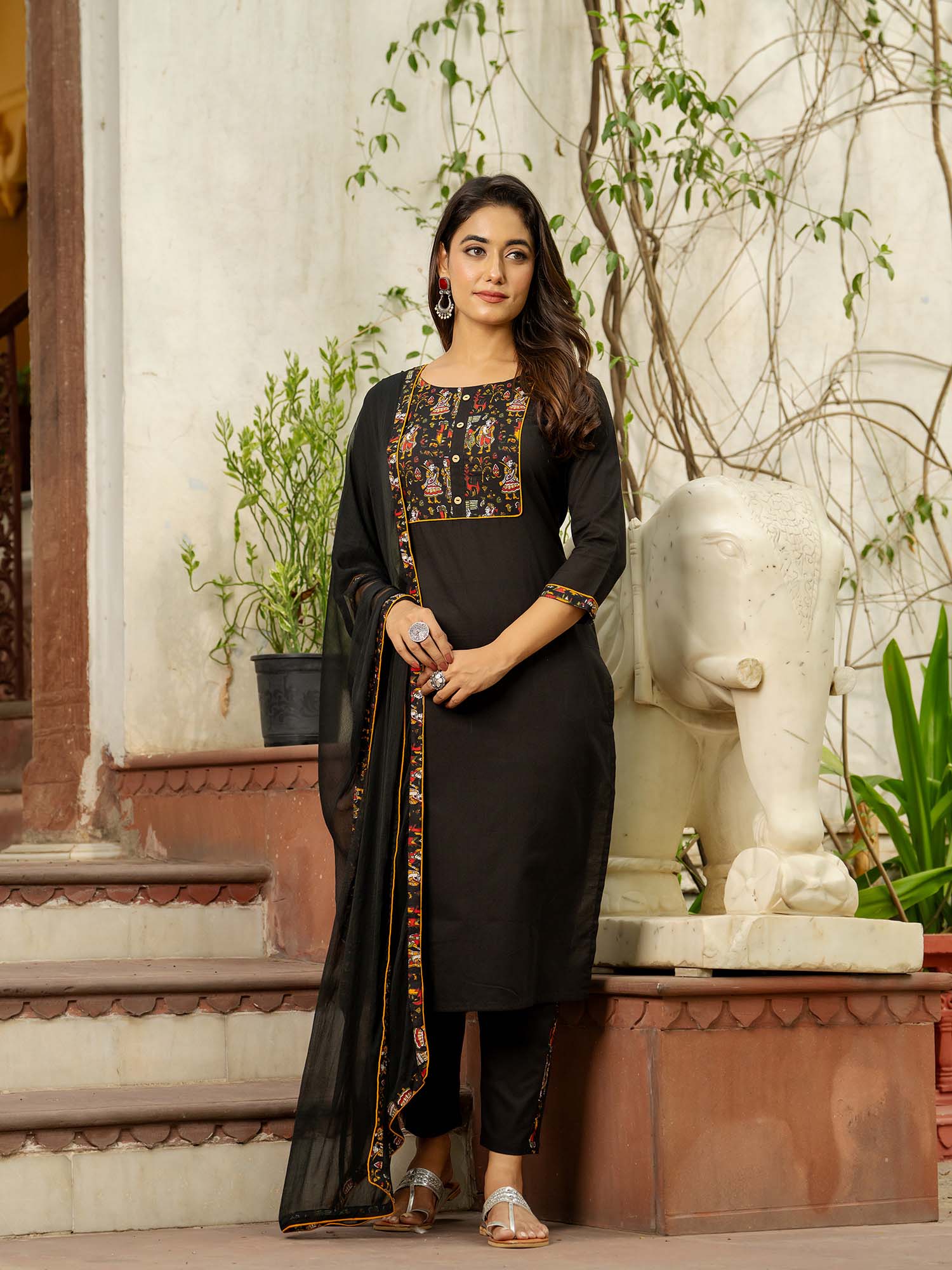 gayraa Black Cotton Printed Kurta with Pant and Dupatta (Set of 3)-picture-10