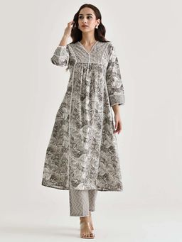 BLACK SCISSOR - Grey Cotton Slub Floral Printed Kurta with Pant (Set of 2)