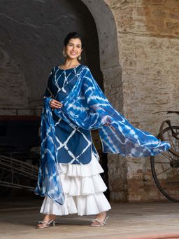 GAYRAA - Navy Blue Cotton Printed Kurta with Sharara and Dupatta (Set of 3)