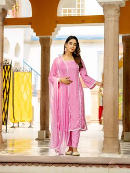 GAYRAA - Pink Rayon Solid Kurta with Pant and Dupatta (Set of 3)