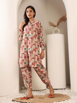 Varanga - Beige Geometrical Printed Apple Hem Kurta with Dhoti Pant (Set of 2)