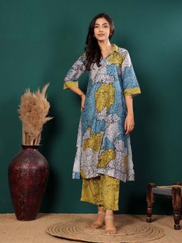 Varanga - Blue Abstract Printed Kurta with Wide Palazzo (Set of 2)