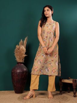 Varanga - Beige Floral Printed Straight Kurta with Pant (Set of 2)