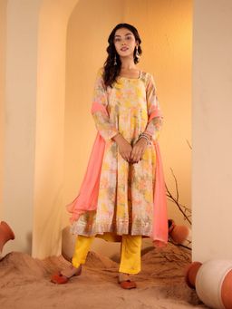Varanga - Yellow Floral Printed Anarkali Kurta with Pant and Dupatta (Set of 3)