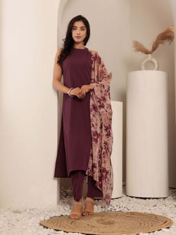 Varanga - Purple Halter Neck Kurta with Pant and Printed Dupatta (Set of 3)