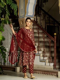 GAYRAA - Maroon Cotton Printed Angarkha Kurta with Pant and Dupatta (Set of 3)