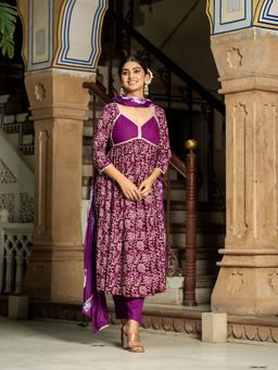 GAYRAA - Wine Cotton Floral Printed Kurta with Pant and Dupatta (Set of 3)