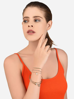 Lilly & Sparkle - Gold Toned 3 Bracelets and 2 Cuffs with Crystal Studded Bow Charm (Set of 5)