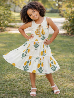 The Magic Wand - Sleeveless Floral Printed Tiered A-Line Knee Length Dress- White