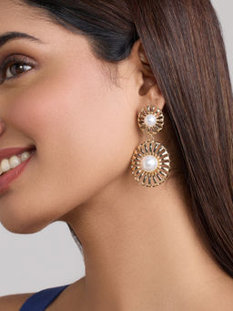 Pipa Bella by Nykaa Fashion - Gold And White Patterned Pearl Drop Earrings
