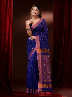 CHARUKRITI - Royal Blue Cotton Blend Paisley Motifs and Zari Woven Pallu Saree with Unstitched Blouse