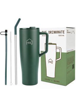 House of Quirk - 1200ml Tumbler with Handle and 2 Straw Flip Lid Water Bottle (Green)