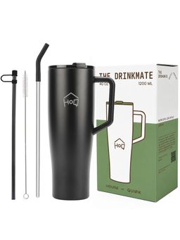 House of Quirk - 1200ml Tumbler with Handle and 2 Straw Flip Lid Water Bottle (Black)