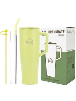 House of Quirk - 1200ml Tumbler with Handle and 2 Straw Flip Lid Water Bottle (Mustard)