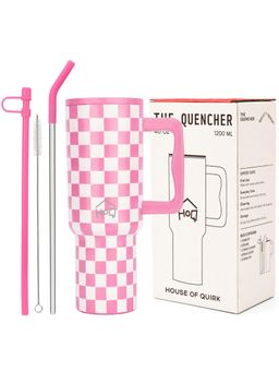 House of Quirk - Water Tumbler Hot - Cold with Handle & Lid 2 Straw 1200ML - Pink Check